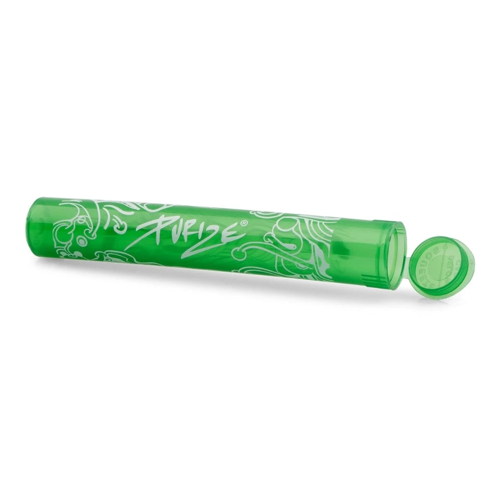PURIZE Joint-Tube in Grün, liegend mit geöffnetem Pop-Up-Deckel, weißem Doodle-Design und PURIZE Logo